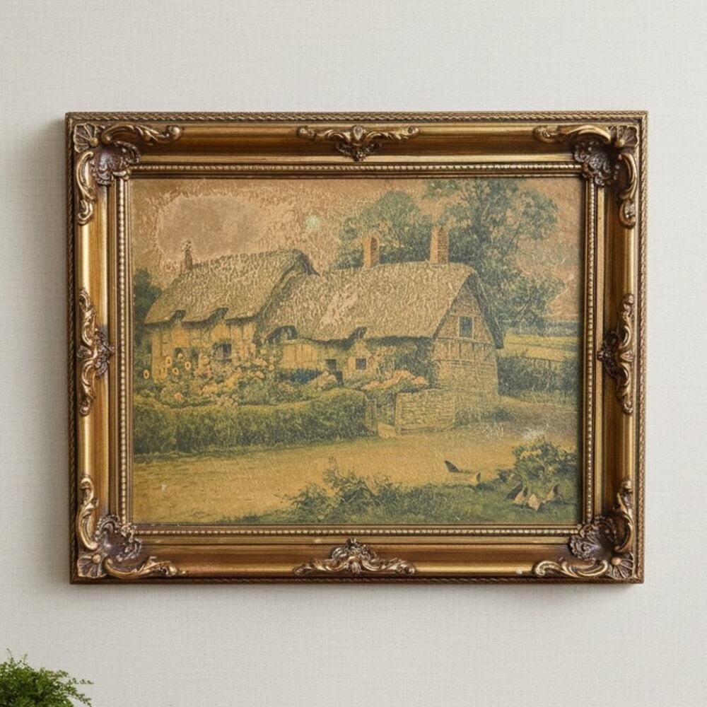 Vintage Baroque Gold Gilt Frame Hathaway’s Cottage Canvas Print 17x14 England